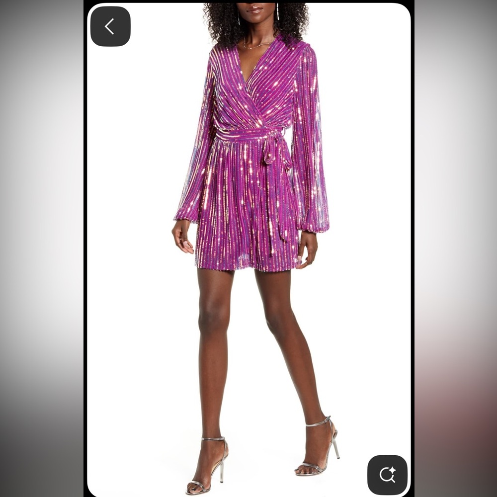 4SI3NNA Weila Sequin Wrap mini dress purple tied party minidress size L large